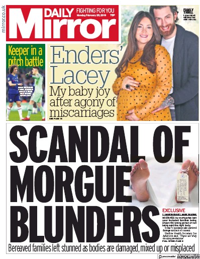 Daily Mirror Newspaper Front Page (UK) for 26 February 2019