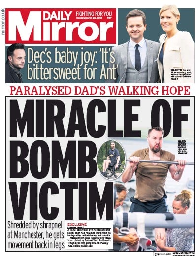 Daily Mirror Newspaper Front Page (UK) for 26 March 2018