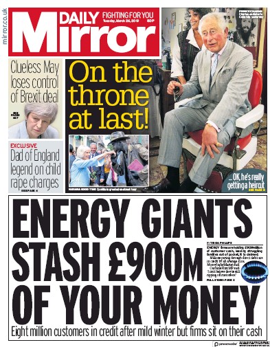 Daily Mirror Newspaper Front Page (UK) for 26 March 2019