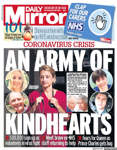 Daily Mirror Newspaper Front Page (UK) for 26 March 2020