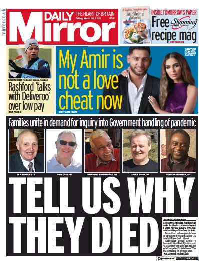 Daily Mirror Newspaper Front Page (UK) for 26 March 2021