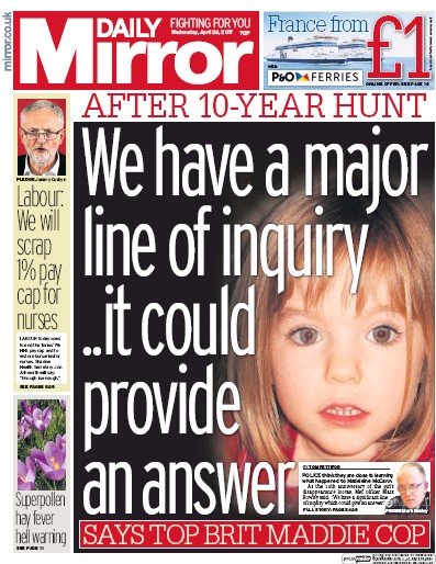 Daily Mirror Newspaper Front Page (UK) for 26 April 2017