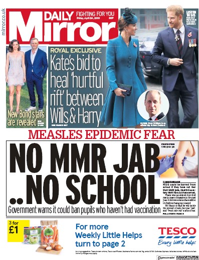 Daily Mirror Newspaper Front Page (UK) for 26 April 2019