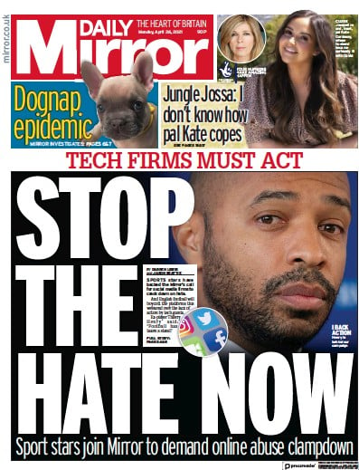 Daily Mirror Newspaper Front Page (UK) for 26 April 2021