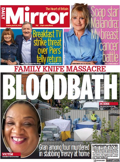 Daily Mirror Newspaper Front Page (UK) for 26 April 2022