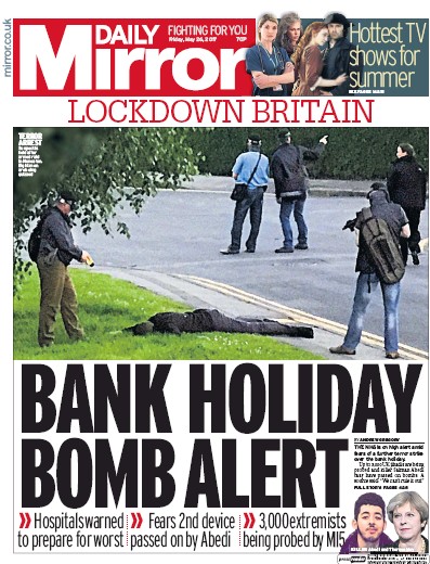 Daily Mirror Newspaper Front Page (UK) for 26 May 2017