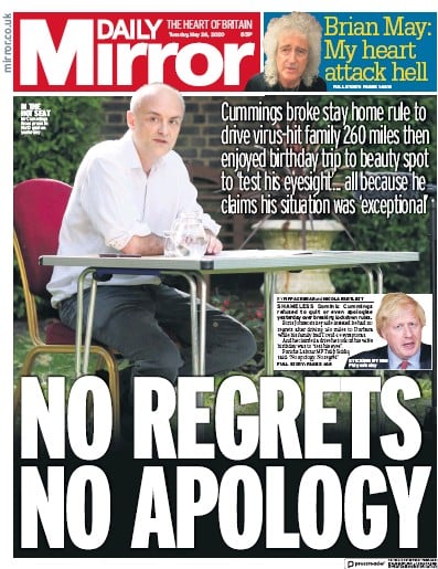 Daily Mirror Newspaper Front Page (UK) for 26 May 2020