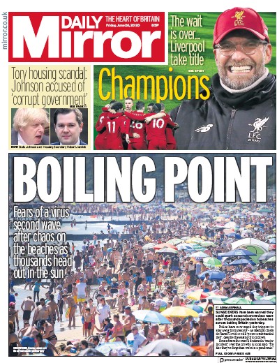 Daily Mirror Newspaper Front Page (UK) for 26 June 2020