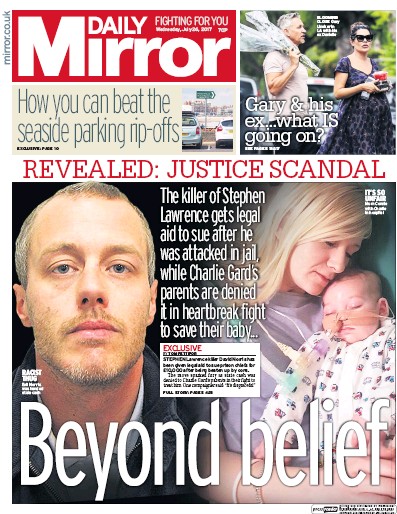 Daily Mirror Newspaper Front Page (UK) for 26 July 2017