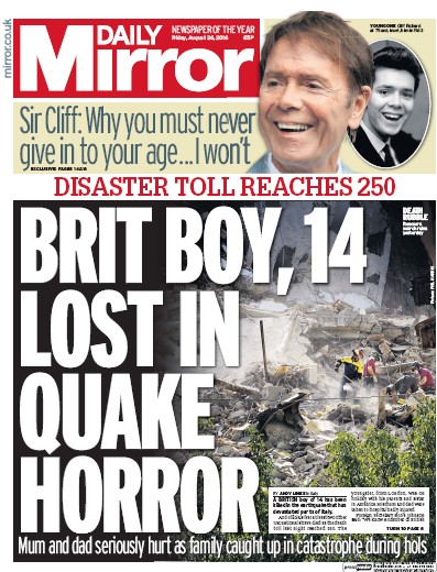 Daily Mirror Newspaper Front Page (UK) for 26 August 2016