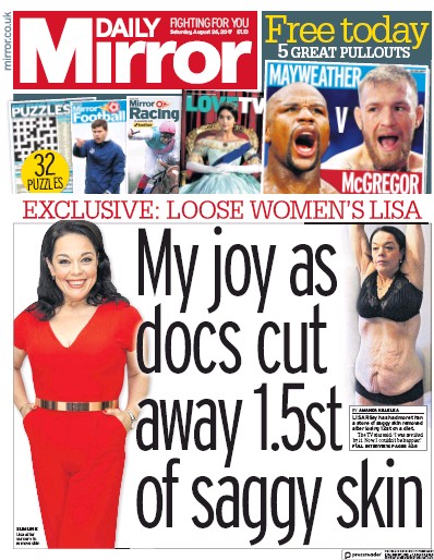 Daily Mirror Newspaper Front Page (UK) for 26 August 2017