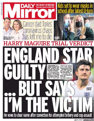 Daily Mirror Newspaper Front Page (UK) for 26 August 2020