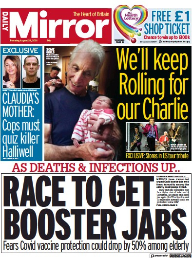 Daily Mirror Newspaper Front Page (UK) for 26 August 2021