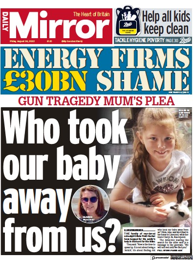 Daily Mirror Newspaper Front Page (UK) for 26 August 2022