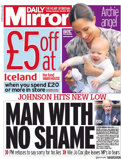 Daily Mirror Newspaper Front Page (UK) for 26 September 2019