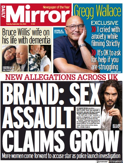 Daily Mirror Newspaper Front Page (UK) for 26 September 2023