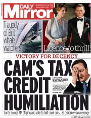Daily Mirror (UK) Newspaper Front Page for 27 October 2015