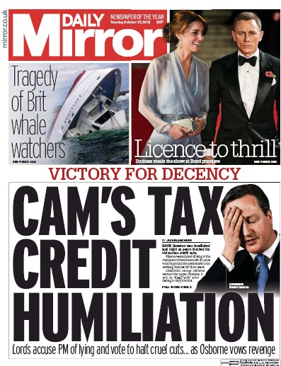Daily Mirror Newspaper Front Page (UK) for 27 October 2015