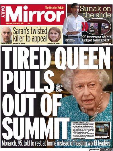 Daily Mirror Newspaper Front Page (UK) for 27 October 2021