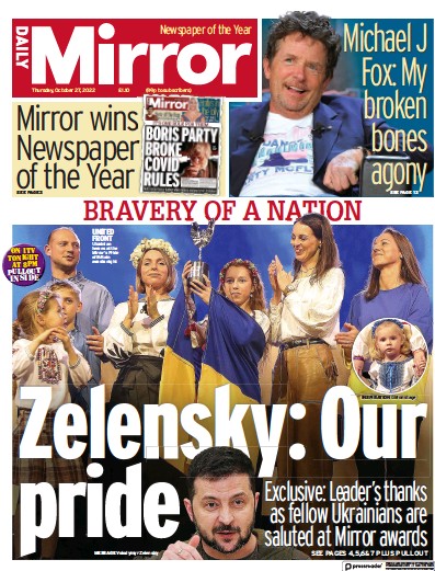Daily Mirror Newspaper Front Page (UK) for 27 October 2022
