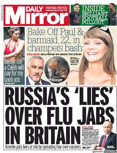 Daily Mirror Newspaper Front Page (UK) for 27 November 2017