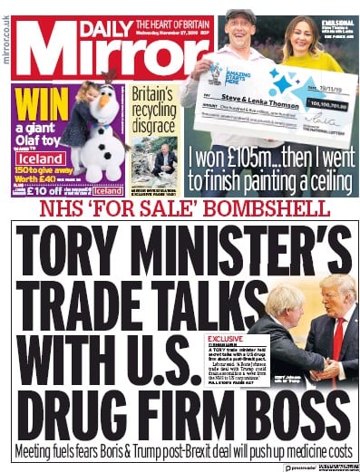 Daily Mirror Newspaper Front Page (UK) for 27 November 2019