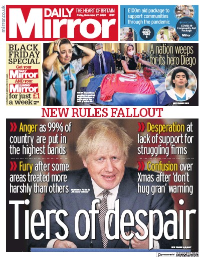 Daily Mirror Newspaper Front Page (UK) for 27 November 2020