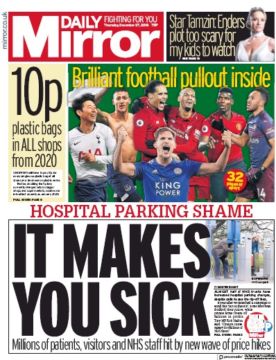 Daily Mirror Newspaper Front Page (UK) for 27 December 2018