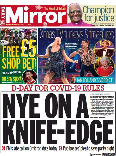 Daily Mirror Newspaper Front Page (UK) for 27 December 2021