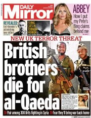 Daily Mirror (UK) Newspaper Front Page for 27 January 2014