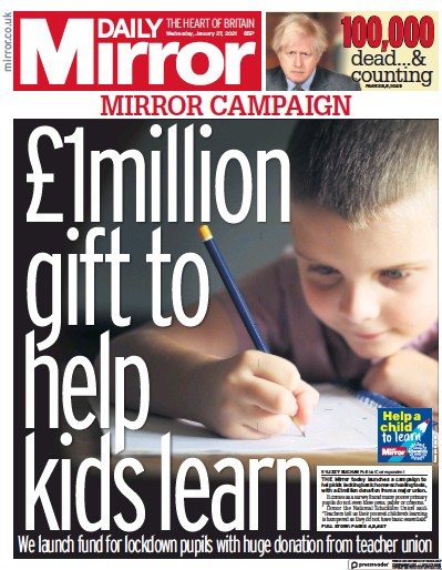 Daily Mirror Newspaper Front Page (UK) for 27 January 2021