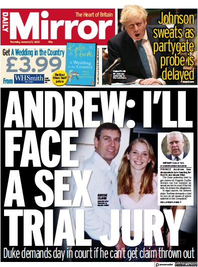 Daily Mirror Newspaper Front Page (UK) for 27 January 2022