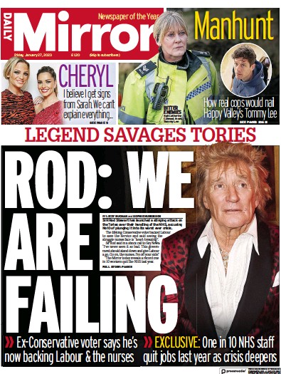 Daily Mirror Newspaper Front Page (UK) for 27 January 2023