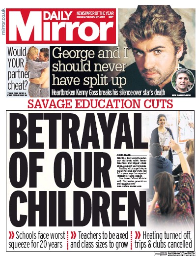 Daily Mirror Newspaper Front Page (UK) for 27 February 2017