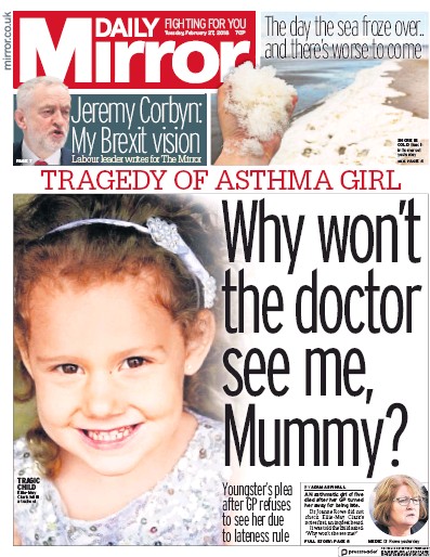 Daily Mirror Newspaper Front Page (UK) for 27 February 2018