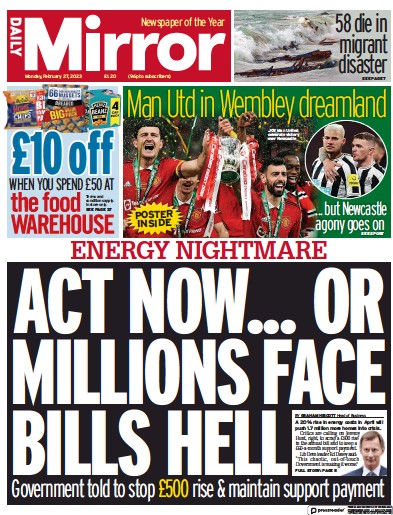 Daily Mirror Newspaper Front Page (UK) for 27 February 2023
