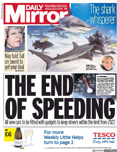 Daily Mirror Newspaper Front Page (UK) for 27 March 2019