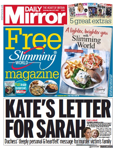 Daily Mirror Newspaper Front Page (UK) for 27 March 2021
