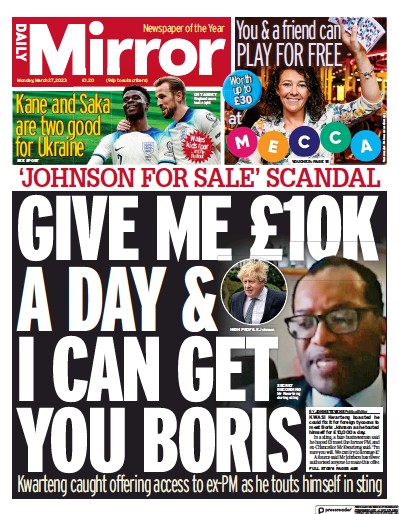 Daily Mirror Newspaper Front Page (UK) for 27 March 2023