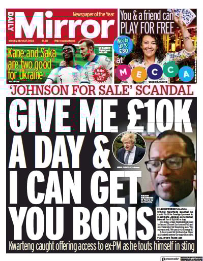 Daily Mirror Newspaper Front Page (UK) for 27 March 2023