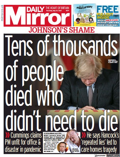 Daily Mirror Newspaper Front Page (UK) for 27 May 2021