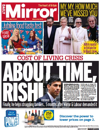 Daily Mirror Newspaper Front Page (UK) for 27 May 2022