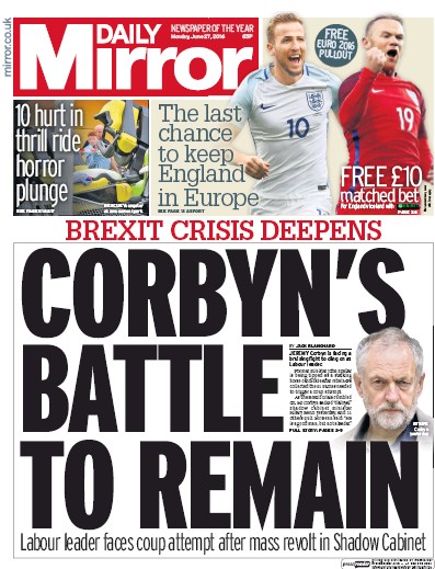 Daily Mirror Newspaper Front Page (UK) for 27 June 2016