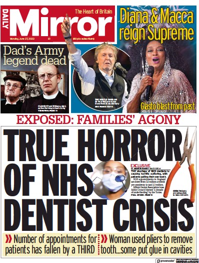 Daily Mirror Newspaper Front Page (UK) for 27 June 2022