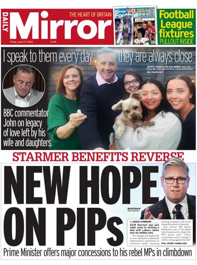Daily Mirror Newspaper Front Page (UK) for 27 June 2025