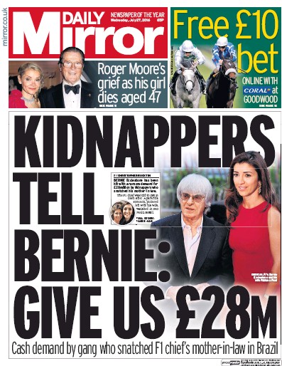 Daily Mirror Newspaper Front Page (UK) for 27 July 2016