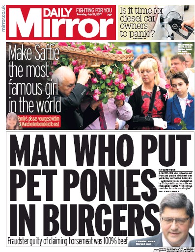 Daily Mirror Newspaper Front Page (UK) for 27 July 2017