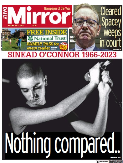 Daily Mirror Newspaper Front Page (UK) for 27 July 2023