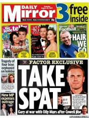 Daily Mirror Newspaper Front Page (UK) for 27 August 2011