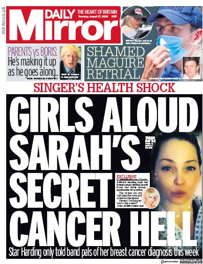 Daily Mirror Newspaper Front Page (UK) for 27 August 2020